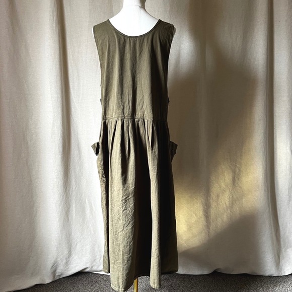 Vintage Express Olive Cotton Utility Midi Dress Oversized Pockets Womens M - Picture 5 of 8